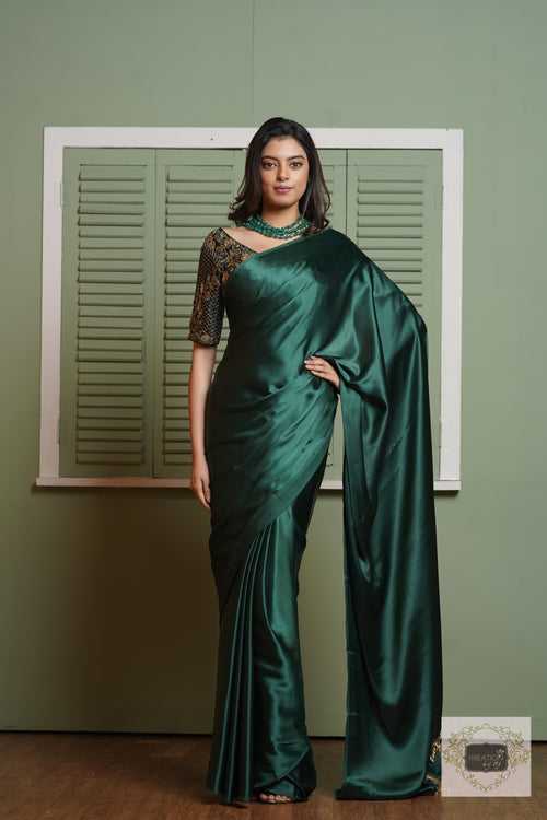 Emerald Green Satin Silk Saree With Handmade Tassels On Pallu