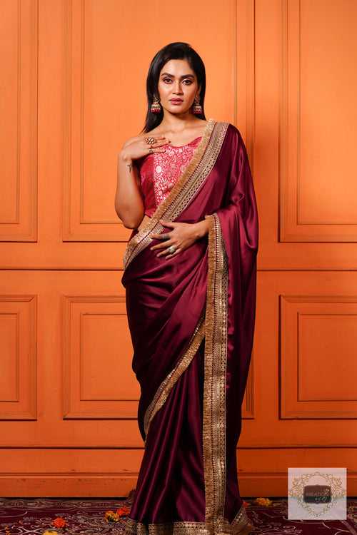 Wine Satin Silk Banno Saree