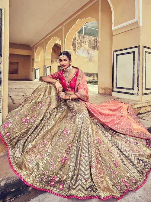 Grey-Pink Banarasi Silk Heavy Gota Pati Patch Hand Work Semi Stitched Lehenga Choli