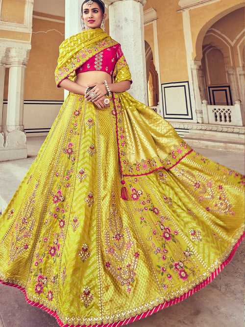 Yellow Heavy Gota Pati Patch Hand Work Banarasi Silk Semi Stitched Lehenga Choli