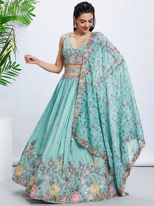 Multi Thread-Dull Golden Sequins Chiffon Embroidered Semi-Stitched Lehenga choli