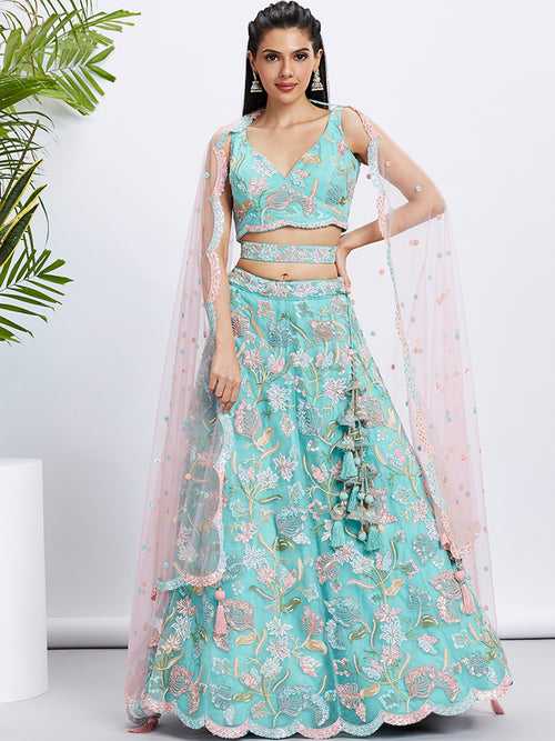 Multi-Color Sequins-Thread Embroidered Net Semi-Stitched Lehenga choli