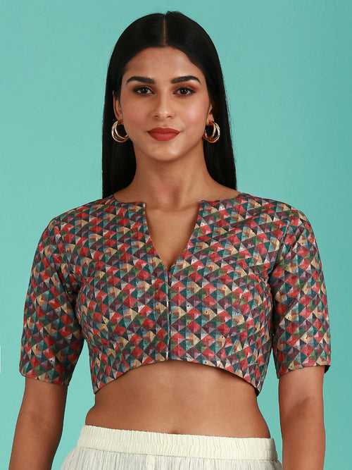 Olive-Toned Cotton Silk Thread work Harlequin Print Readymade Blouse