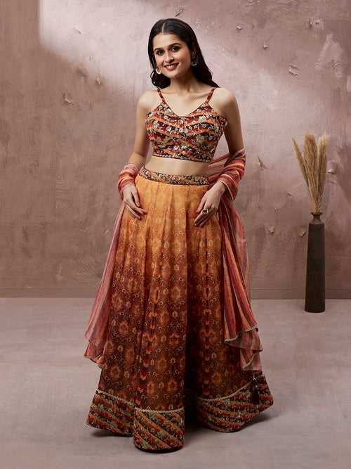 Brown Organza Floral Print and sequinse work Semi-Stitched Lehenga choli