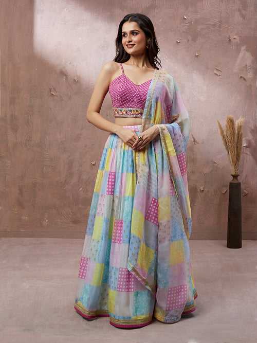 Multi-Color Organza Floral Printed Semi-Stitched Lehenga choli