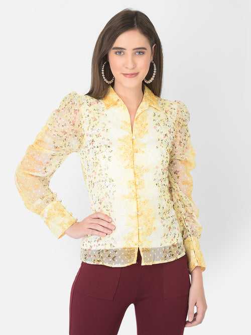 Yellow Shirt Collar Long Sleeve Printed Top For Casual Wear