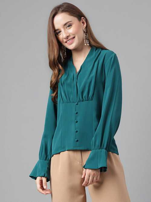 Green V-Neck Long Sleeves Solid Top For Casual Wear