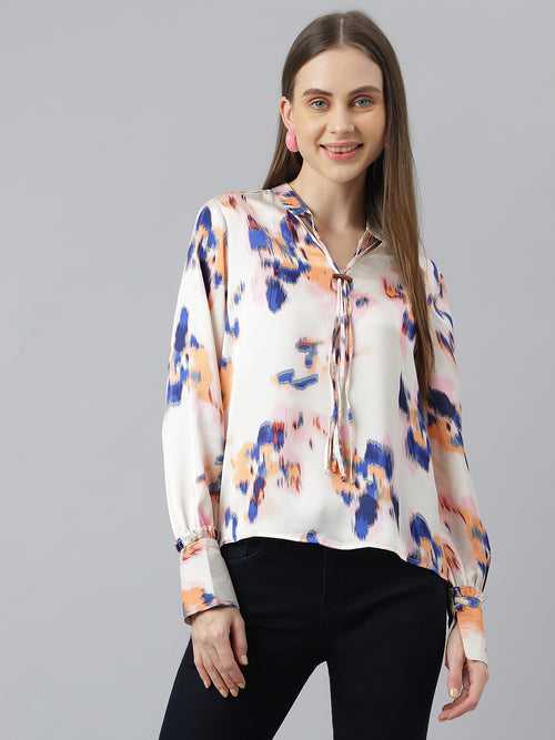Blue Full Sleeves Printed Blouse Classic Fit Top for Girls