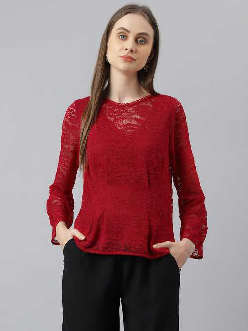 Red 3/4 Sleeves Lace Top