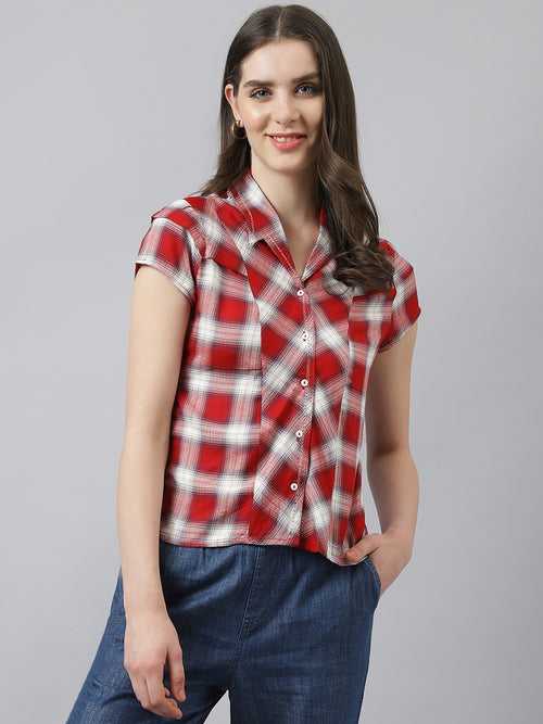 Red Shirt Collar Short Sleeves Checked Top For Casual Wear