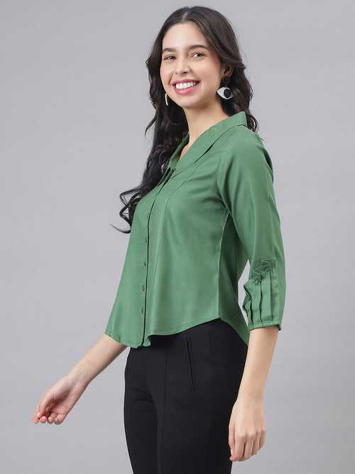 Green 3/4 Sleeve Shirt Collar Women Solid Top