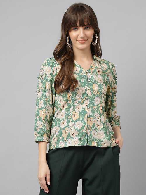 Green 3/4Th Sleeve Spread Collar Floral Shirt For Casual Wear