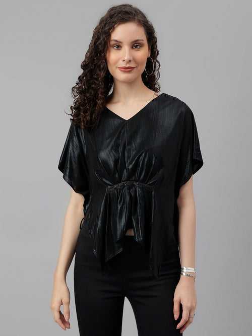 Black Solid Short Sleeve Casual Top