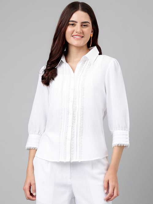 White Solid Polyester Blend Blouse