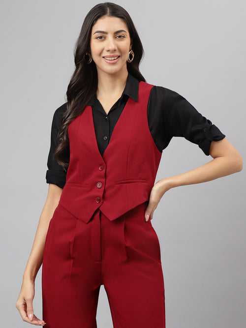 Red Solid Sleeveless Casual Jacket