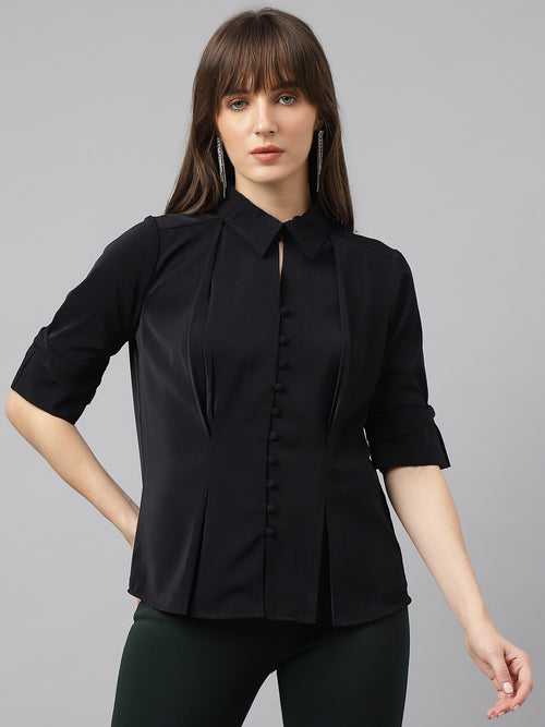 Black Full Sleeve Spread Collar Solid Shirt For Casual Wear