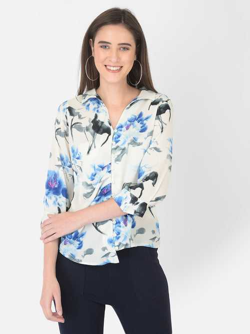 Blue 3-4th Sleeve Printed Blouse