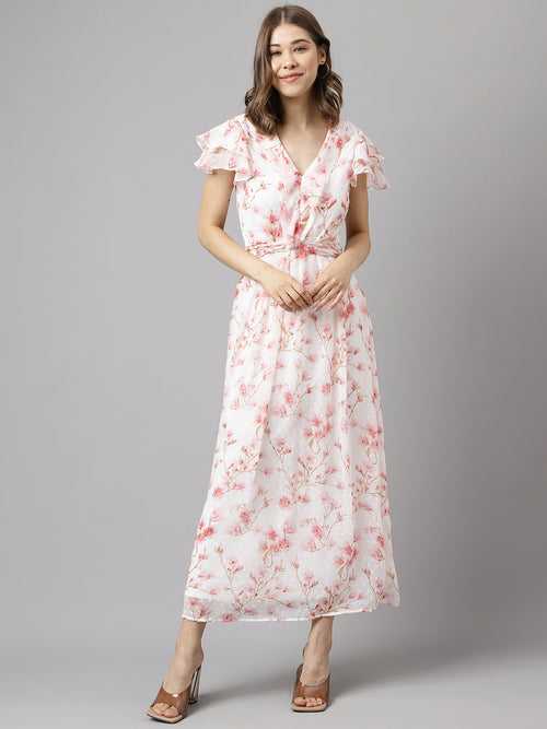 Pink Short Sleeves V-Neck Printed Maxi Dress For Casual Wear