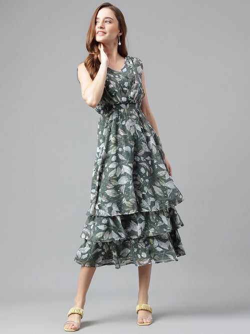 Green Sleeveless V-Neck Printed Midi Dress For Casual Wear