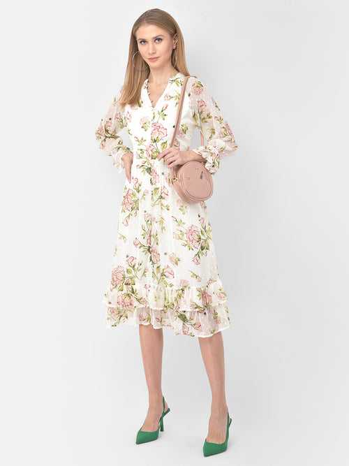 Ivory Long Sleeves V-Neck Printed Knee Length Dress For Casual Wear