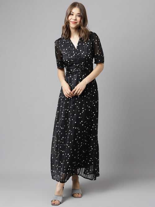 Black Short Sleeves V-Neck Printed Maxi Dress For Casual Wear