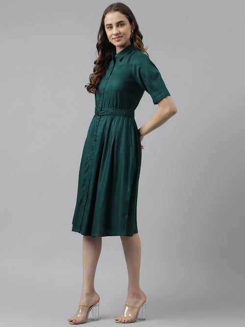 Green Short Sleeves Shirt Collar Solid Knee Length Dress For Casual Wear