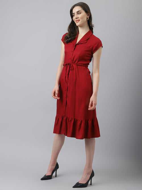 Wine Short Sleeves Shirt Collar Solid Knee Length Dress For Casual Wear