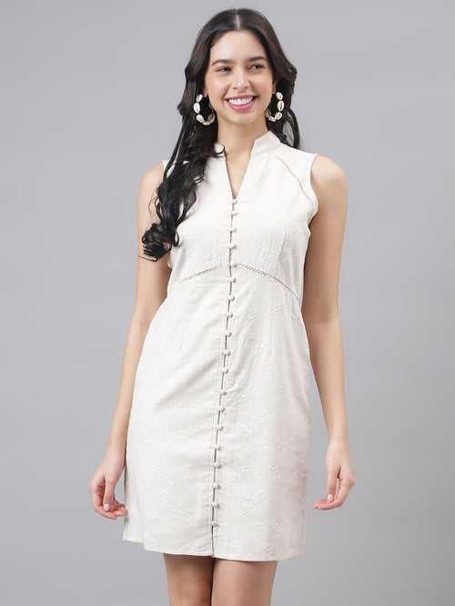 Beige No Sleeve Mandarin Collar Women A-Line Dress