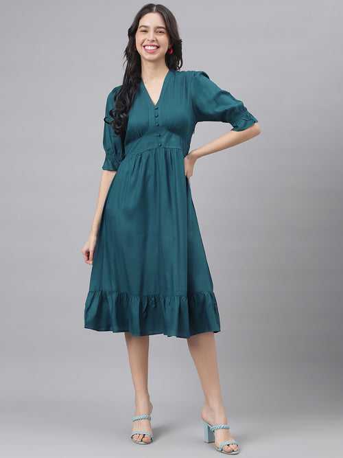 Blue Half Sleeve V-Neck Women A-Line Dress