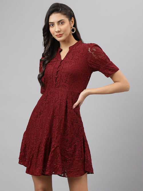 Maroon Solid V Neck Fit & Flare Casual Dress