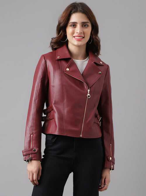 Red Full Sleeve Classic Fit 100% Pu Jacket With Zip