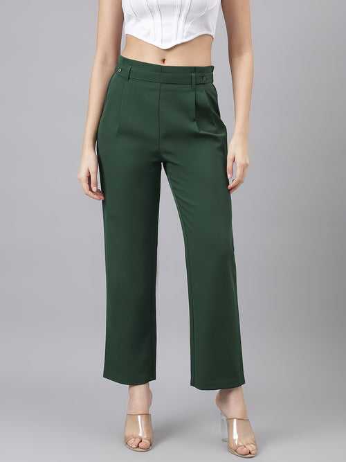 Women Green Mid-Rise Solid Trousers With 2 Pocket