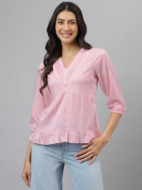 Pink Solid 3/4 Sleeve Casual Tunic