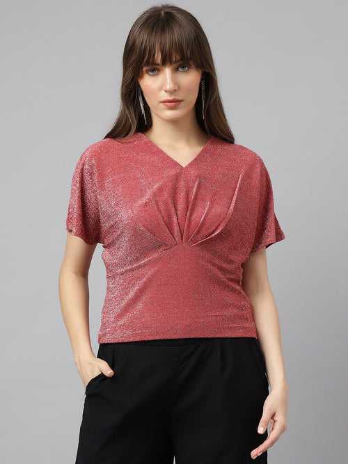Rose Half Sleeves V-Neck Solid Top For Party Wear