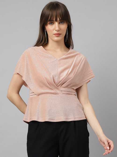 Peach Half Sleeves V-Neck Solid Top For Party Wear