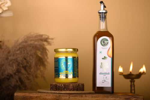 A2 Gir Cow Ghee 500gm + Wood Pressed Black Sesame Oil 1ltr Glass Bottle