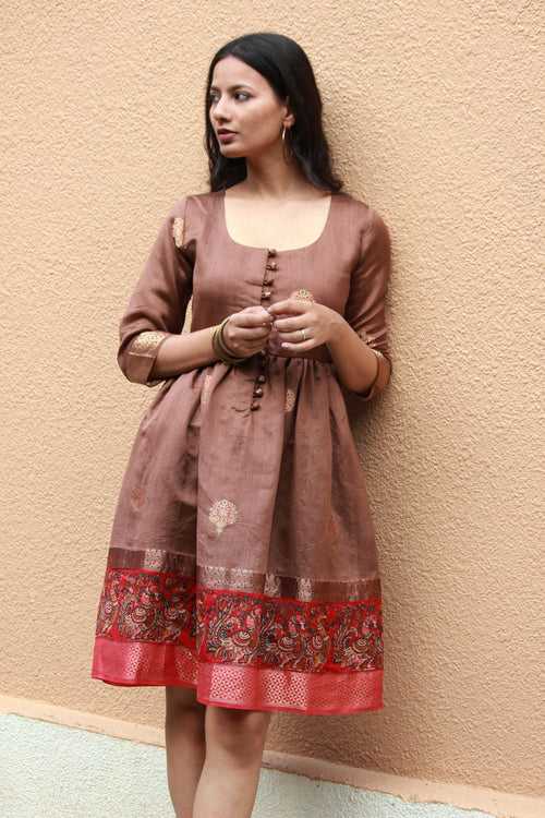 Brown Kalamkari Silk Saree Dress