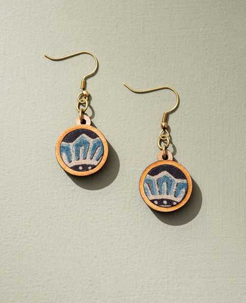 WHE Blue Black Ajrakh Fabric and Repurposed Wood Earrings