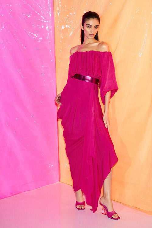 Hot Pink Draped Midi Dress