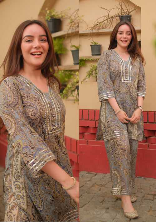 Persian Grey Paisley Print Kurta Pants Set