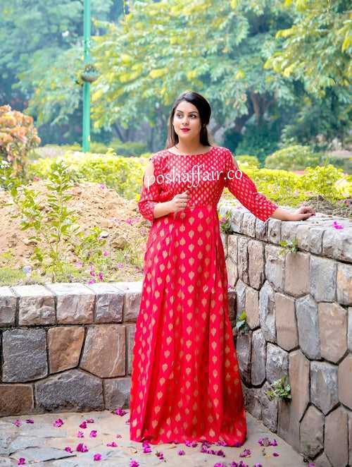 Red Block Combination Maxi Gown