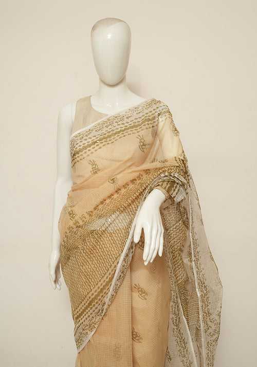 Beige and Off White Block Printed Kota Saree with Mirror Work