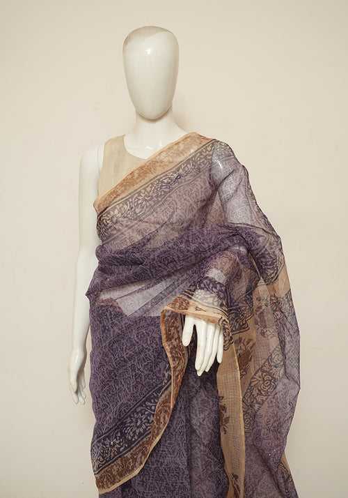 Purple and Beige Block Printed Kota Saree with Mirror Work