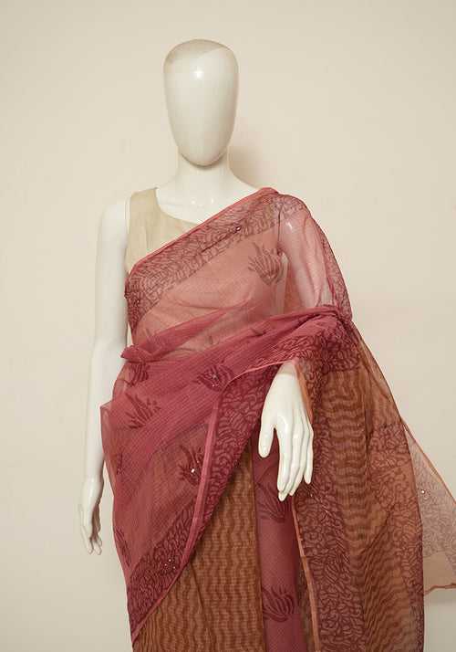 Pink and Peach Block Printed Kota Saree with Mirror Work