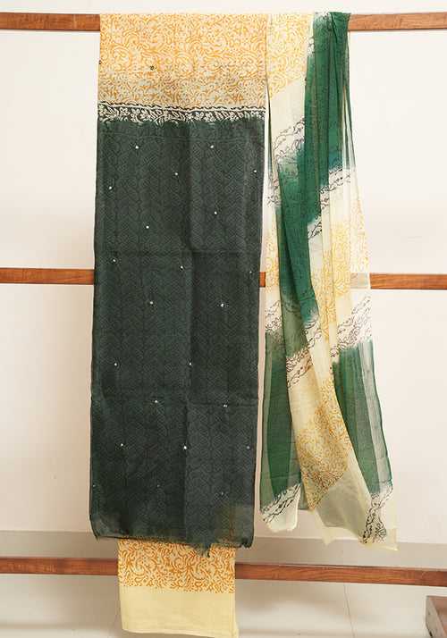 Off White and Dark Green Unstitched Super Net Salwar set