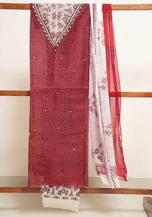 Red and Off White Unstitched Super Net Salwar set