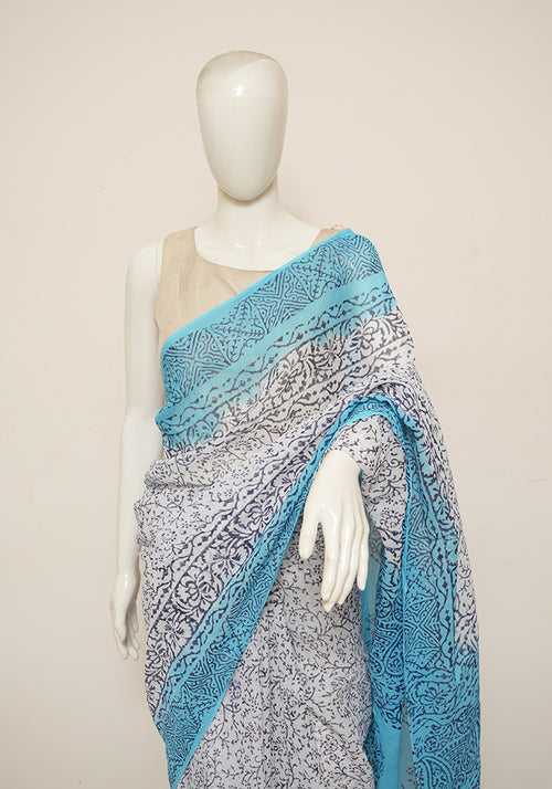 White and Turquoise Blue  Block Printed Georgette Saree