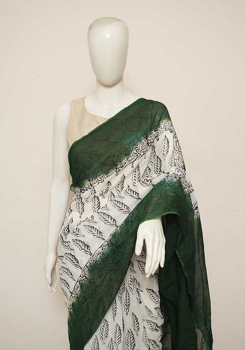 White and Dark Green Block Printed Georgette Saree