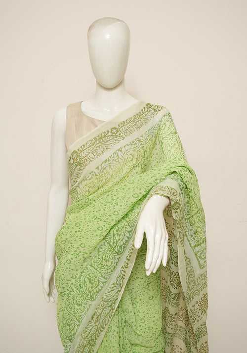 Parrot Green and Light Green Block Printed Georgette Saree