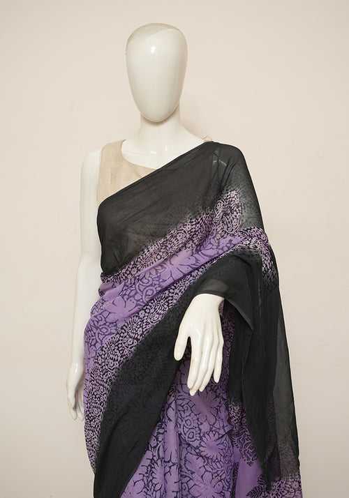 Purple and Black Block Printed Georgette Saree